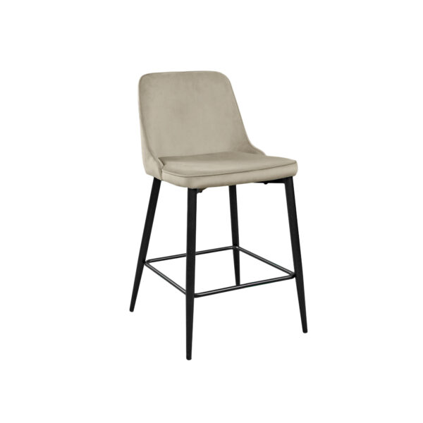 Classic Small Beige Bar Stool with Black Legs Discover the Classic Small Beige Bar Stool with black legs, perfect for your kitchen! With an elegant design and soft velvet upholstery, this high stool offers comfort and style. Made from painted metal and plywood, it can hold up to 150 kg. Choose the best decor for your bar area!