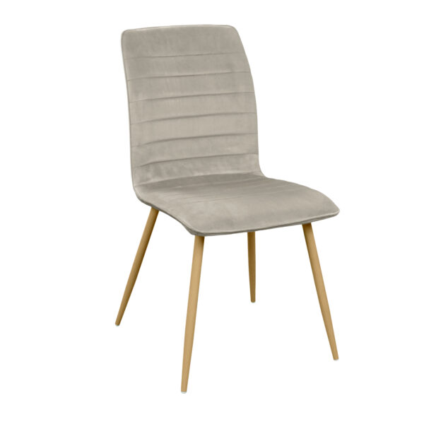 Ariel Beige Chair (Hlr9) Velvet/Transprint Legs Discover the Ariel Beige chair, perfect for your kitchen! Made from elegant velvet and featuring metal legs with a wood-like finish, it offers comfort and style. Ideal for enjoying meals, this chair adds an extra touch of sophistication!