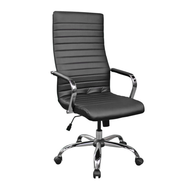 LIBERTY Black Office Armchair Discover the LIBERTY Black office armchair, a modern and elegant choice for any workspace. Upholstered in eco-friendly leather, it offers comfort and durability. With a chrome base, swivel wheels, and a Tilt mechanism, it is perfect for your office.