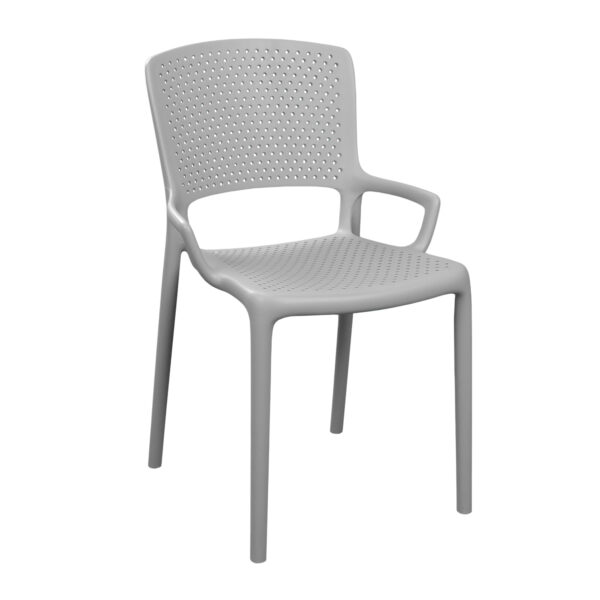 Chair TINA Grey The TINA Grey chair is the ideal solution for Horeca furniture, kitchens, and terraces. Made from durable polypropylene, it offers ergonomic comfort and arm support. Stackable, perfect for saving space. Choose durability and modern design!