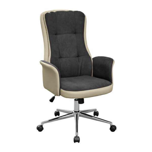 FRODO Office Armchair Dark Grey/Beige Discover the FRODO office chair, elegant and modern, in Dark Grey/Beige shades. Upholstered with eco-leather and fabric, it offers comfort and durability. The chrome metal base and swivel wheels ensure easy mobility. Ideal for the office and sustainable!