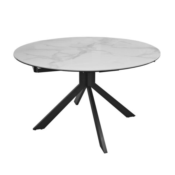 Extendable Table PINA White Ø130 Discover the PINA White Ø130 extending table, perfect for the kitchen. With an elegant ceramic top that mimics white marble, the table easily extends by 40 cm. Ideal for family meals or gatherings with friends, it offers versatility and style. Choose refinement!
