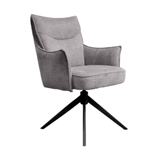 Juliet Grey Chair Transform your kitchen with the JULIET Grey chair! This elegant and comfortable chair, made from solid plywood and upholstered in grey fabric, offers a sophisticated design. With sturdy metal legs and a 360-degree swivel mechanism, it proves to be the perfect choice for enjoyable moments at the table.