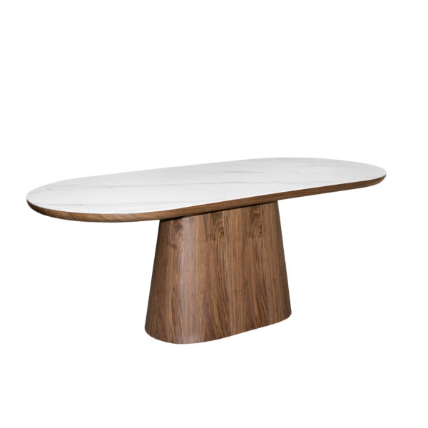 Masa Rosa Descoperă Masa Serena, alegerea perfectă pentru mobilierul din bucătărie! Cu un design elegant și funcțional, această masă cu blat din piatră sinterizată albă și suport din lemn de nuc va transforma orice interior. Ideală pentru întâlniri cu familia sau prietenii!